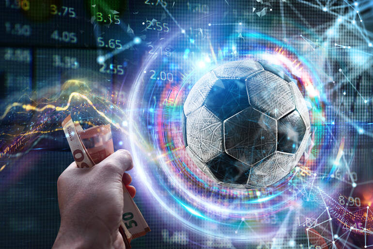 A hand holding euro notes with a digital soccer ball and data visualizations, symbolizing the Moneyball effect and football analytics in European football betting.