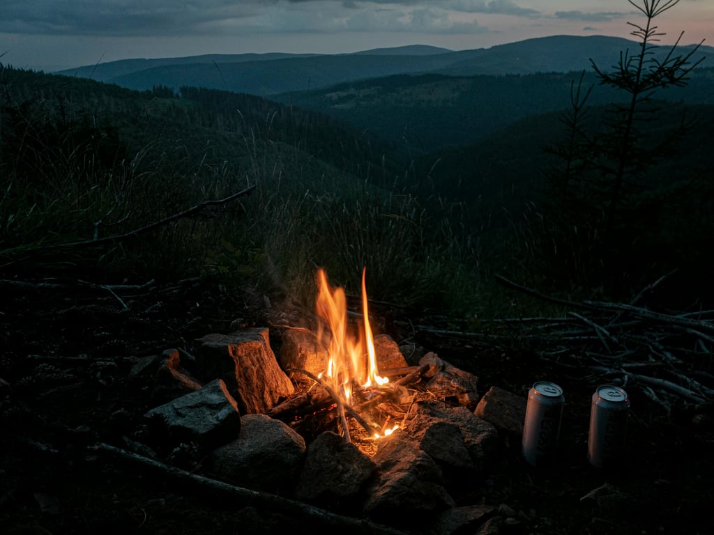 Cans of Beer Beside a Camp Fire