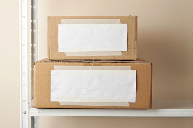 Stacked cardboard storage boxes with blank labels on a shelf, highlighting how proper packaging protects inventory