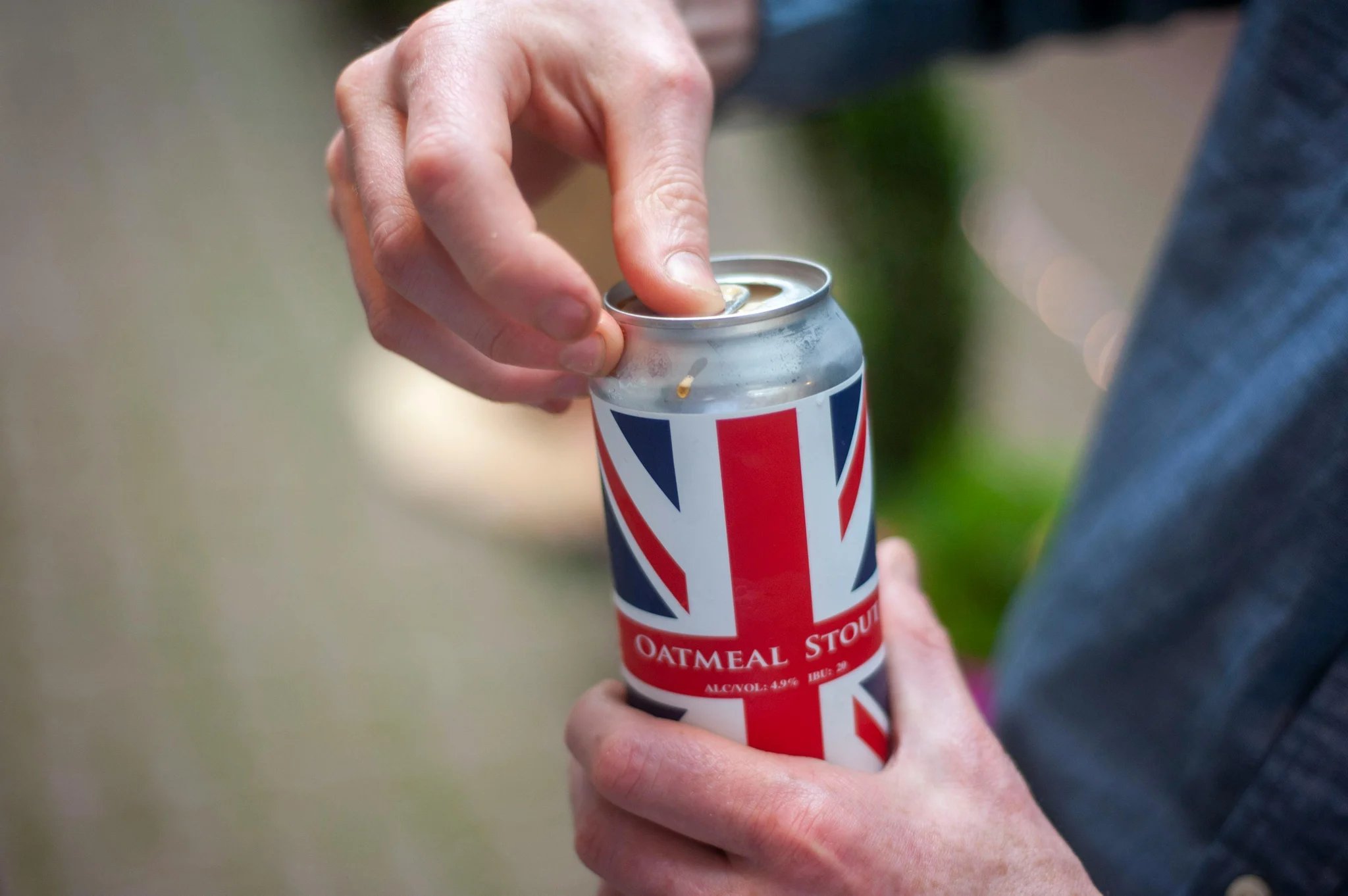 Can of oatmeal stout with British flag on the can.