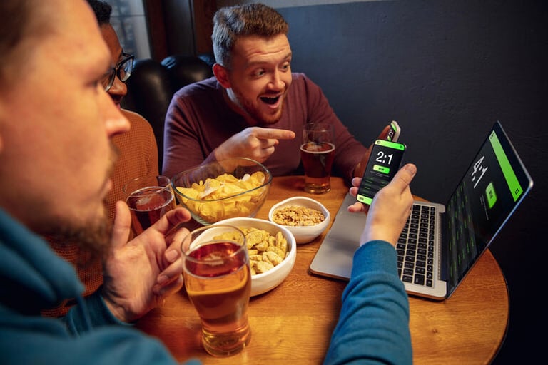 Friends enjoying online casino gaming while drinking craft beer at home