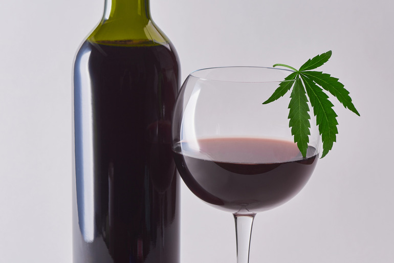 Alcohol in a glass and bottle placed on a wooden bench surrounded by cannabis leaves, illustrating the concept of mixing CBD and alcohol.