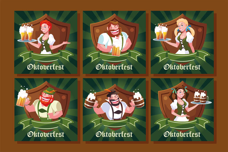 Colorful Oktoberfest-themed slot game symbols featuring men and women in traditional German attire holding beer steins