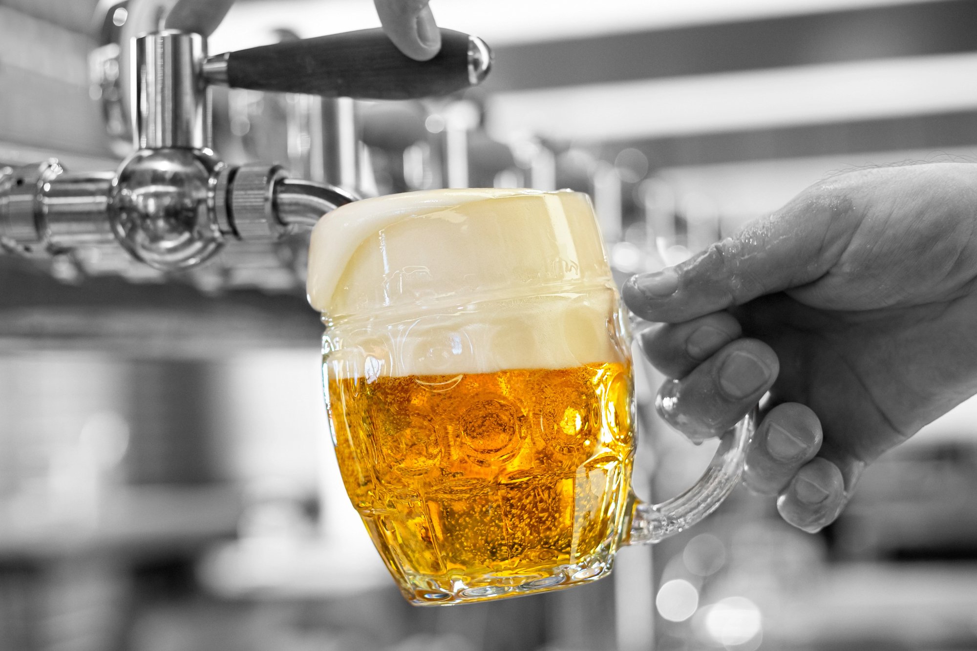 Mug of beer isolated against grey background