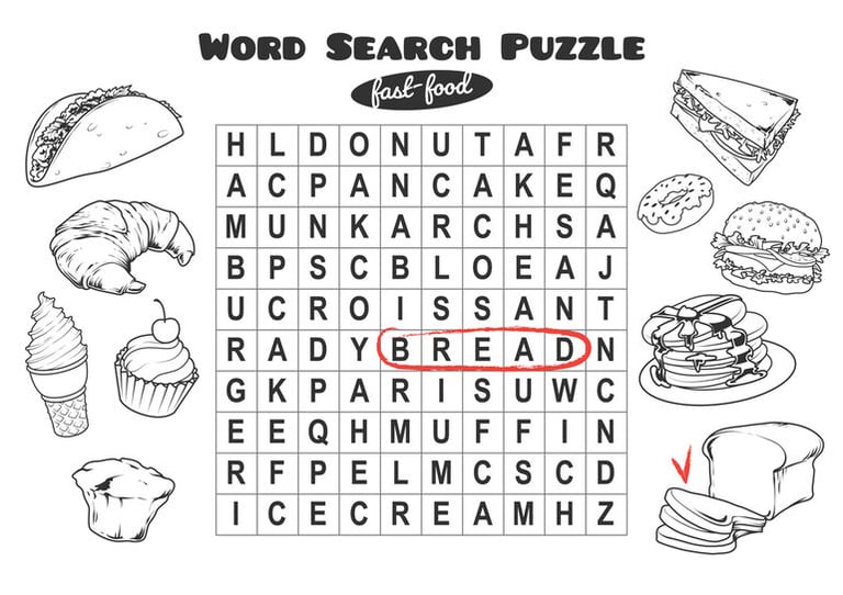 Fast-food themed word search puzzle from the Best Word Search Game App guide for beer enthusiasts, with a letter grid and food illustrations