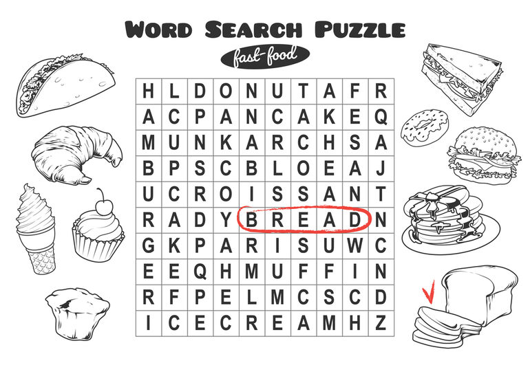 Fast-food themed word search puzzle from the Best Word Search Game App guide for beer enthusiasts, with a letter grid and food illustrations