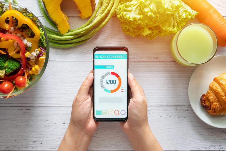 iPhone calorie tracker app logging daily food intake with healthy meals