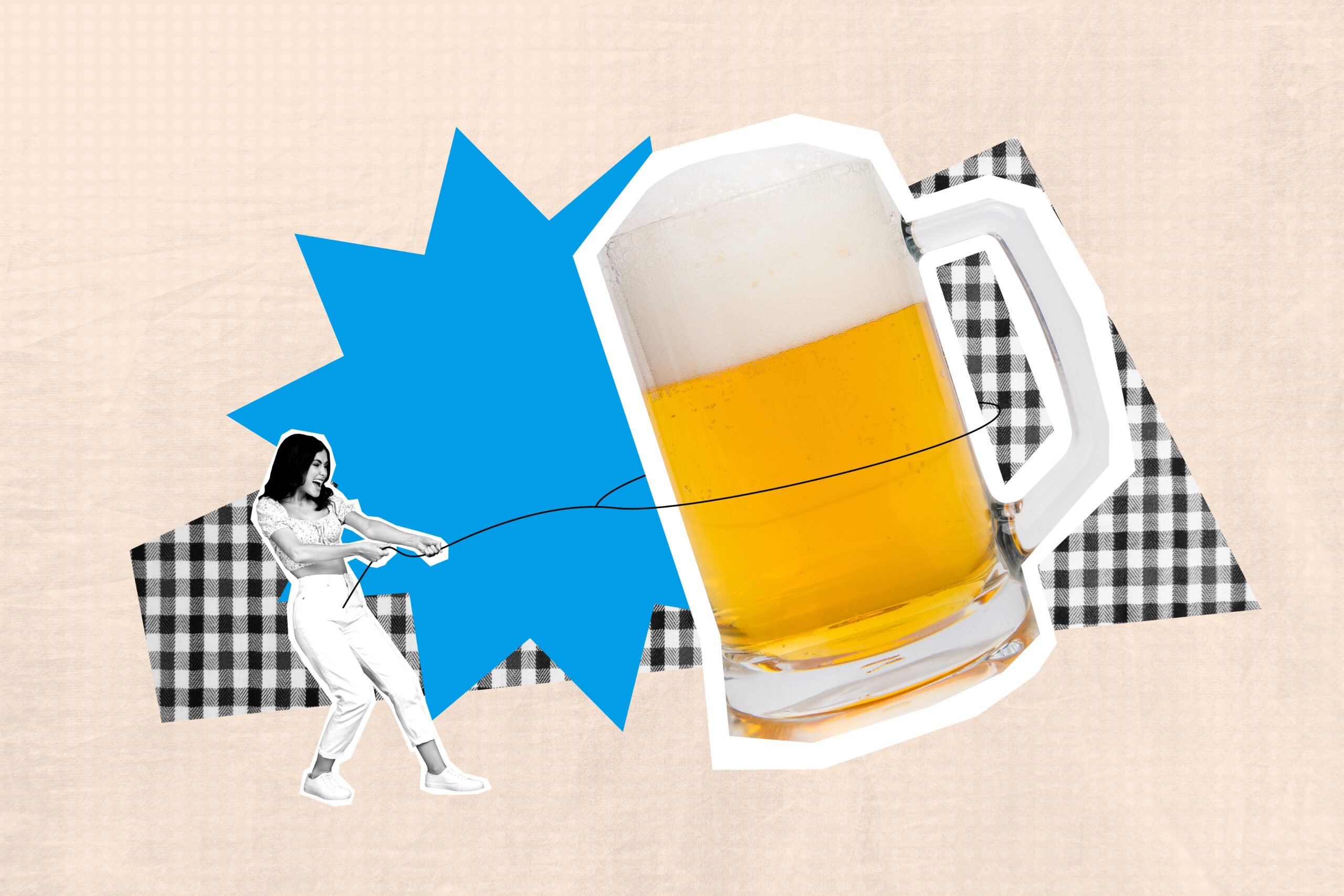Graphic of woman holding down a large mug of beer with a lasso