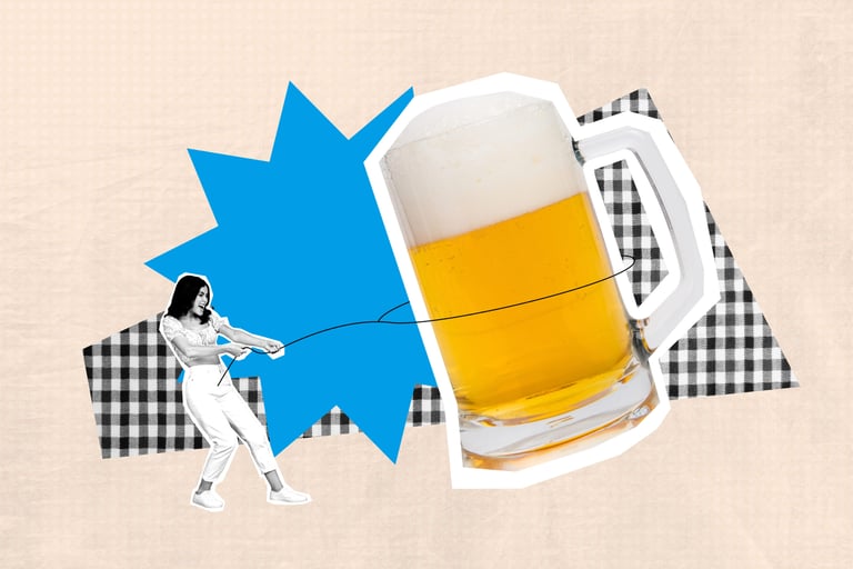 Graphic of woman holding down a large mug of beer with a lasso
