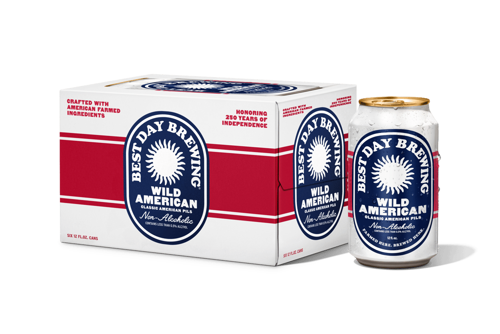 A can and a carton of Wild American N/A Beer from Best Day Brewing