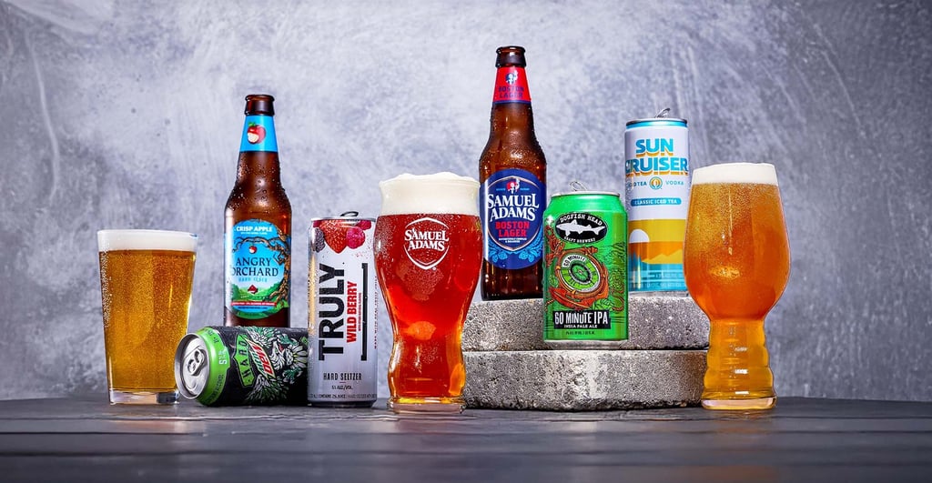 The Boston Beer Co. family of beverages on a table.