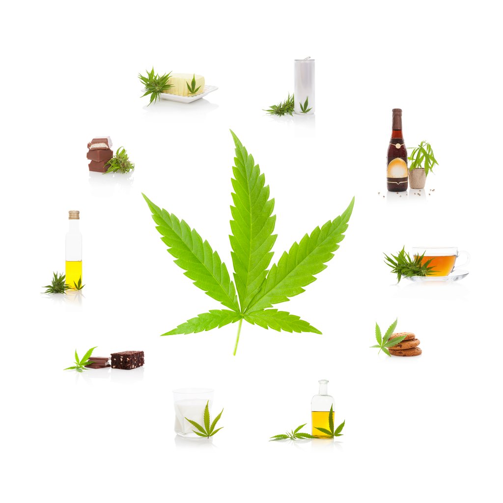 Cannabis leaf surrounded by various beverages that can contain THC or CBD.