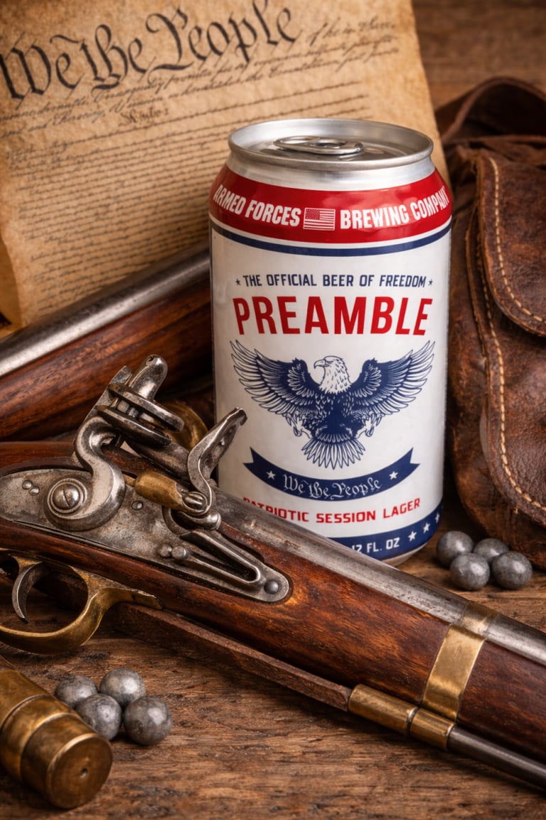 A can of beer set against a gun
