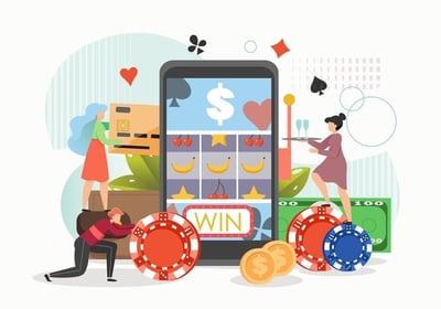 Illustration of sweepstakes casino platform features, showing virtual coins, games, and user interface elements.