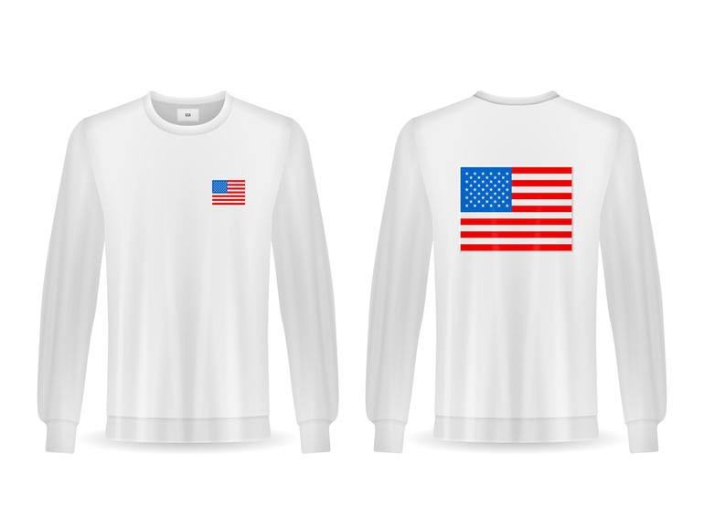 White long-sleeve patriotic shirt for men featuring American flag prints on the front and back.