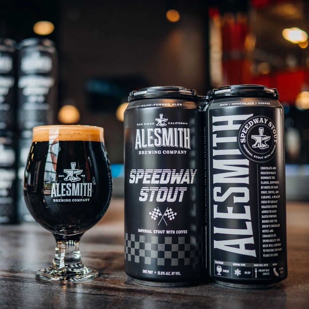AleSmith Speedway Stout poured glass and cans in the brewery taproom.