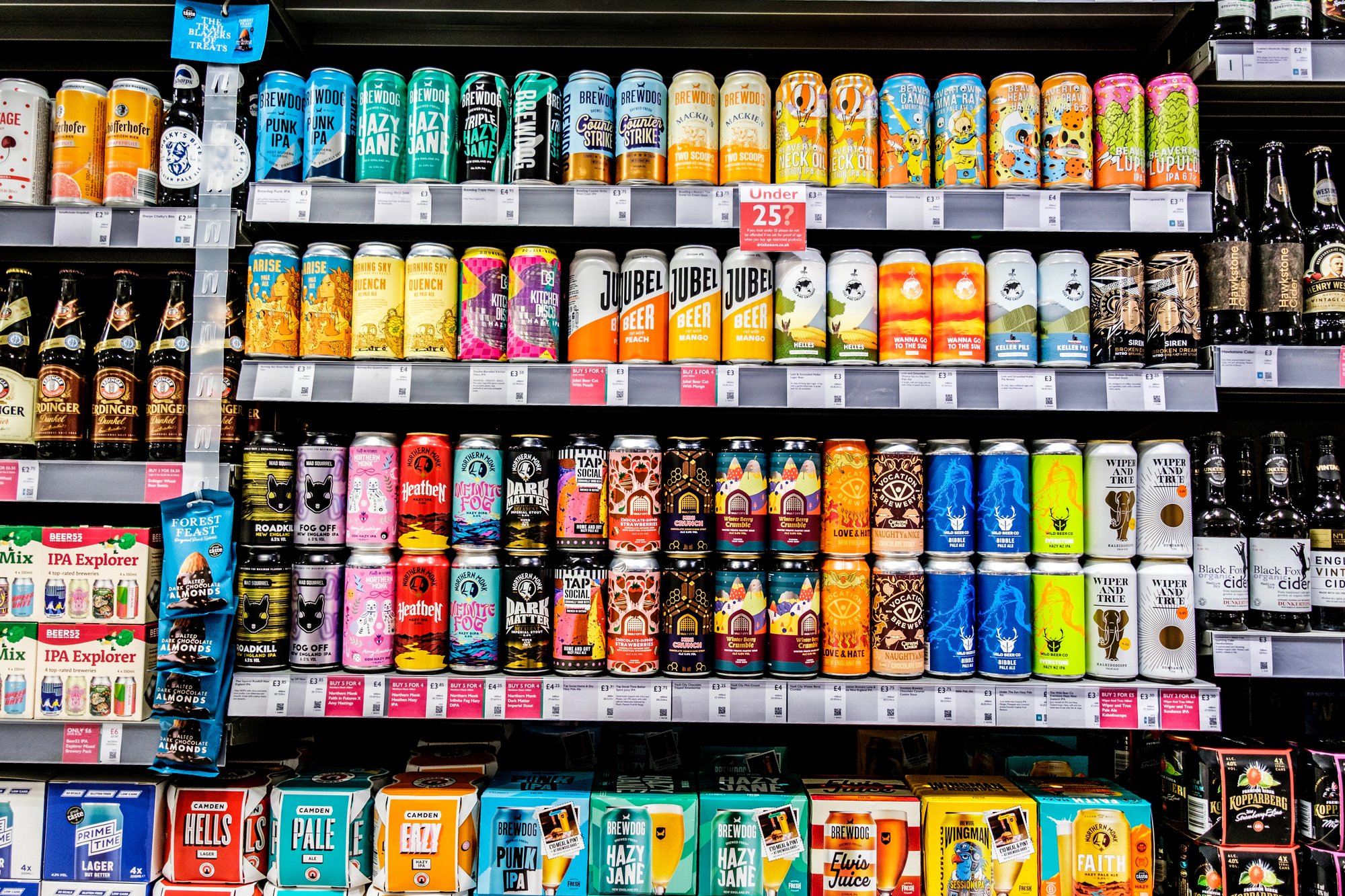 A broad cross-section of beer bottles and cans, ripe for online reviewing.