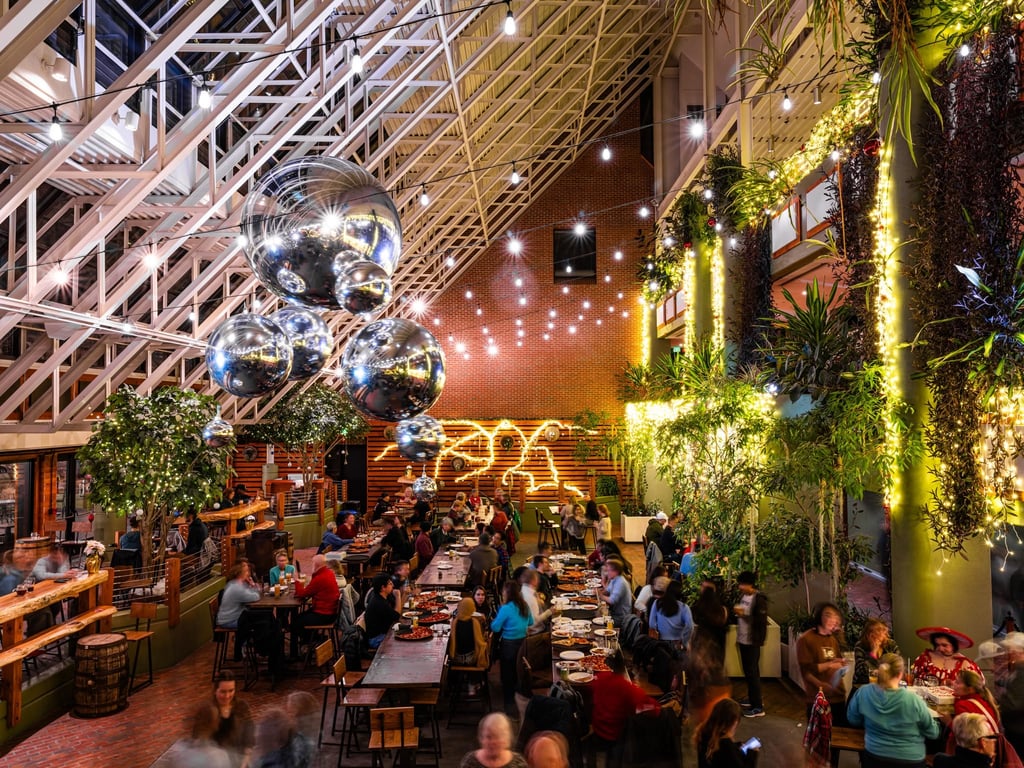 Tree House Brewing taproom, wide-angle view.