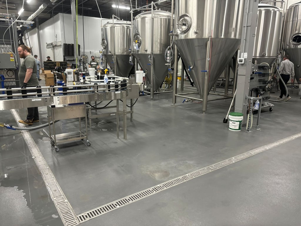 Venn Brewing brewhouse with its new high-temperature drainage system installed.