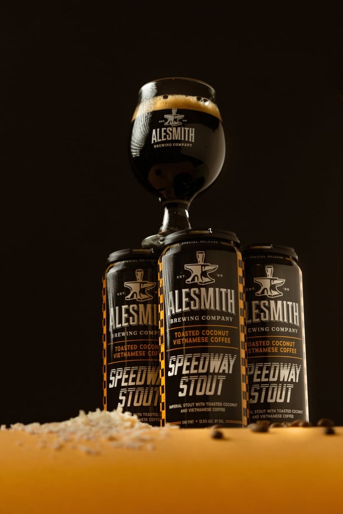 AleSmith Speedway Stout cans and glassware