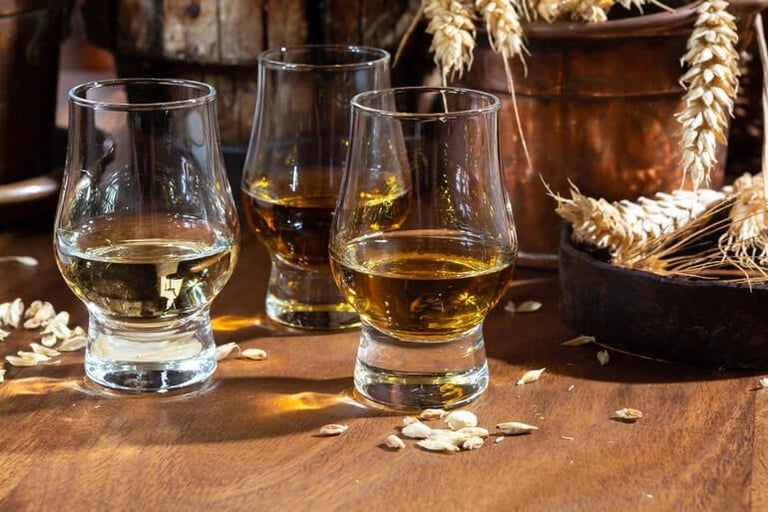 Three glasses of single malt whisky beside barley grains, highlighting the ingredients and craftsmanship that define world-class whisky from the ground up.