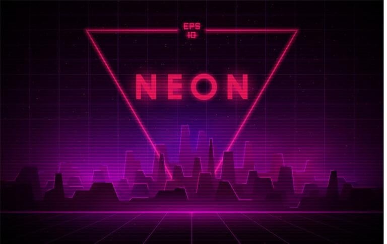 Retro neon app aesthetic with glowing pink-purple tones, grid background, geometric shapes, and futuristic city elements inspired by 1980s arcade design.