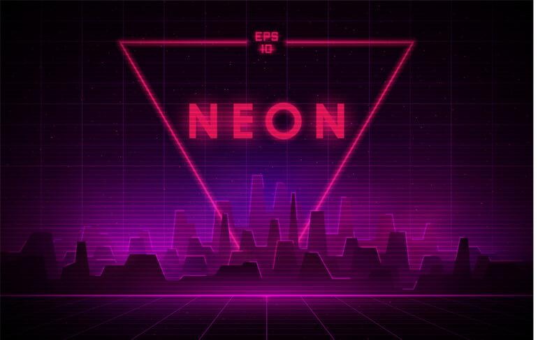 Retro neon app aesthetic with glowing pink-purple tones, grid background, geometric shapes, and futuristic city elements inspired by 1980s arcade design.
