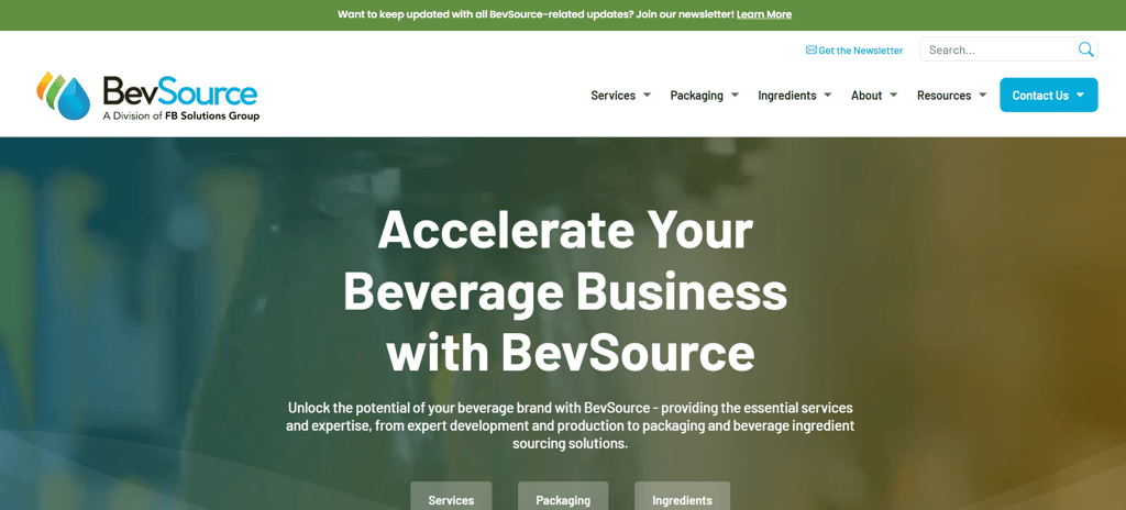 White and green BevSource website homepage showcasing beverage development and manufacturing services.
