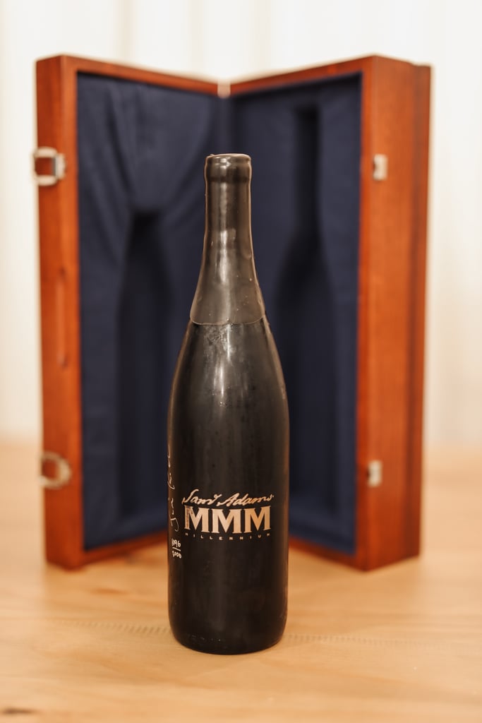 Bottle of Samuel Adams Millennium in special quilted box.