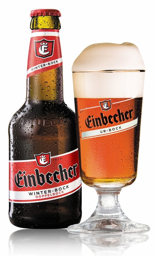 Einbecker Winter-Bock bottle and branded glassware.