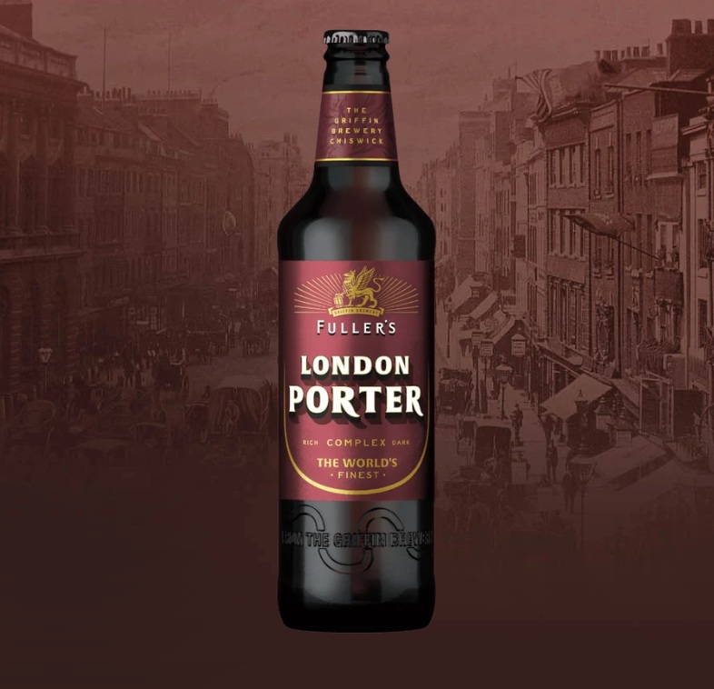 Fuller's London Porter render on auburn-colored city background.