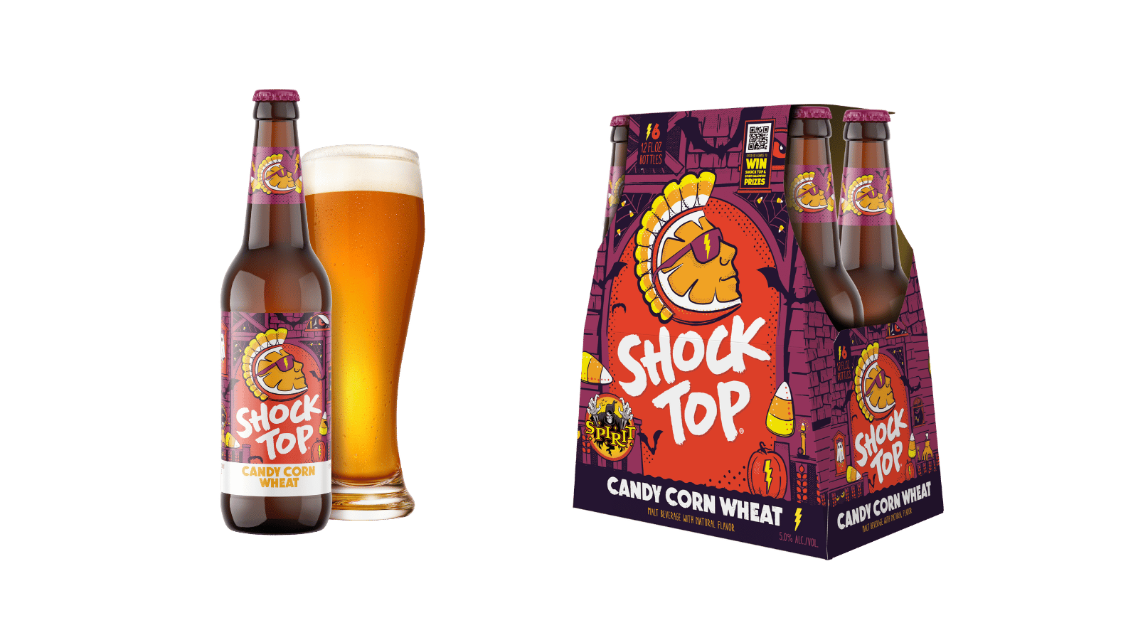 Shock Top Candy Corn Wheat Ale bottle, glass and six-pack packaging
