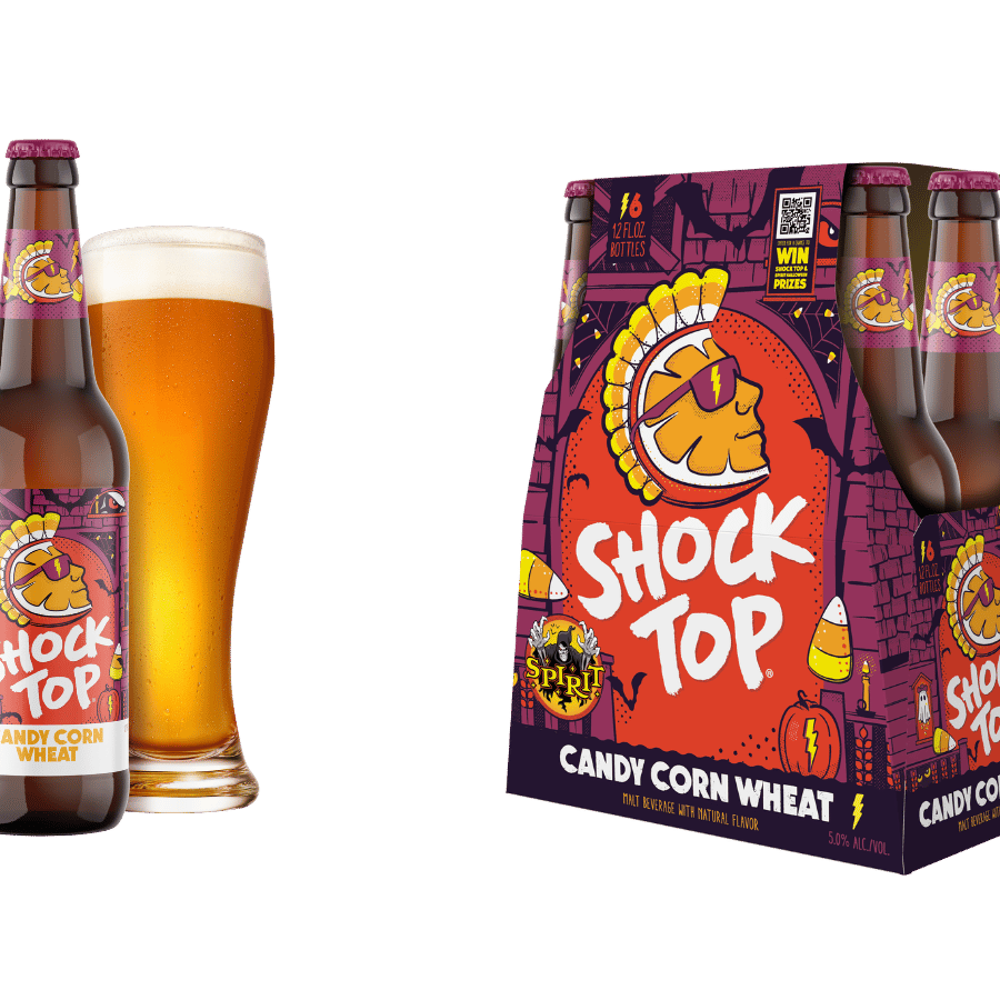 Shock Top Candy Corn Wheat Ale bottle, glass and six-pack packaging