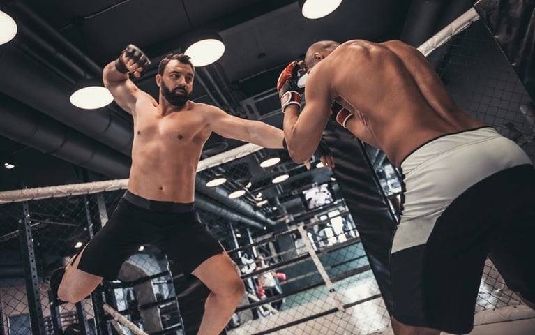 Two professional mixed martial artists competing in an MMA cage, featuring a fighter throwing a high striking punch.