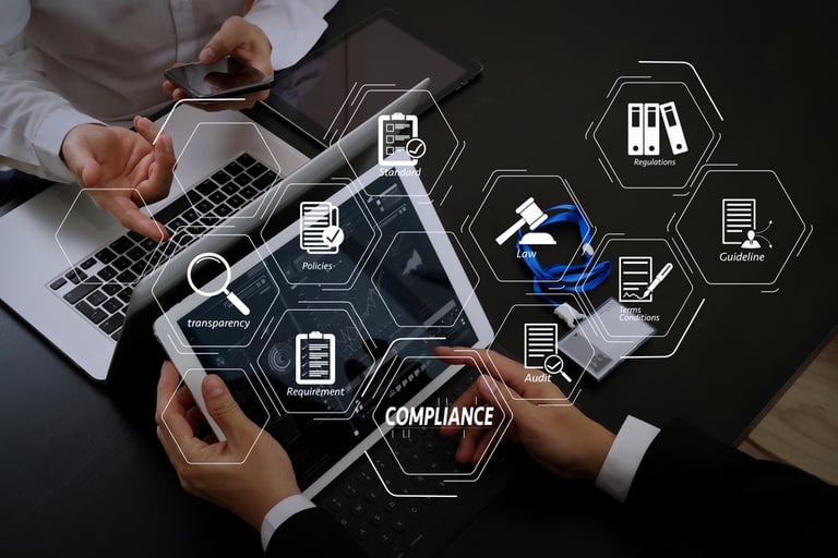 A tablet with digital icons representing business compliance, regulations, law, and corporate policies overlaid on the screen.
