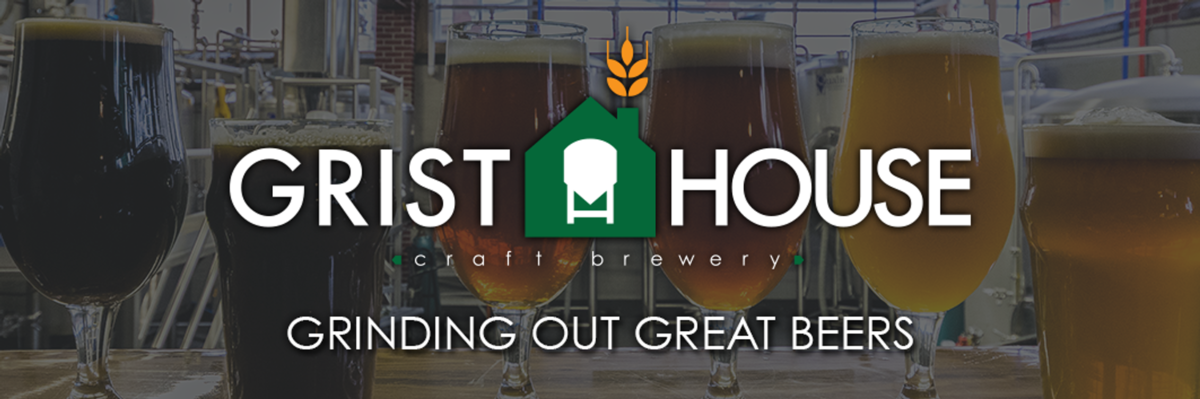 Grist House Craft Brewery logo in front of glassware