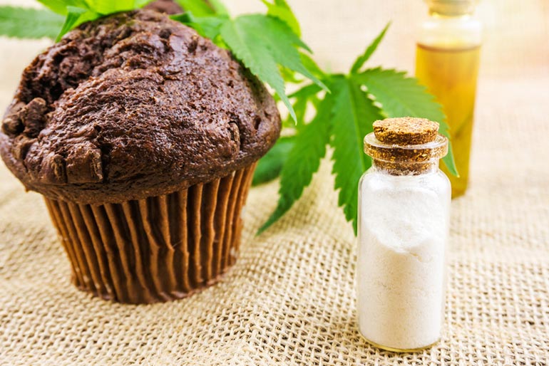 Cannabis cupcake muffin with CBD Crystals isolate CBD oil and hemp leaves