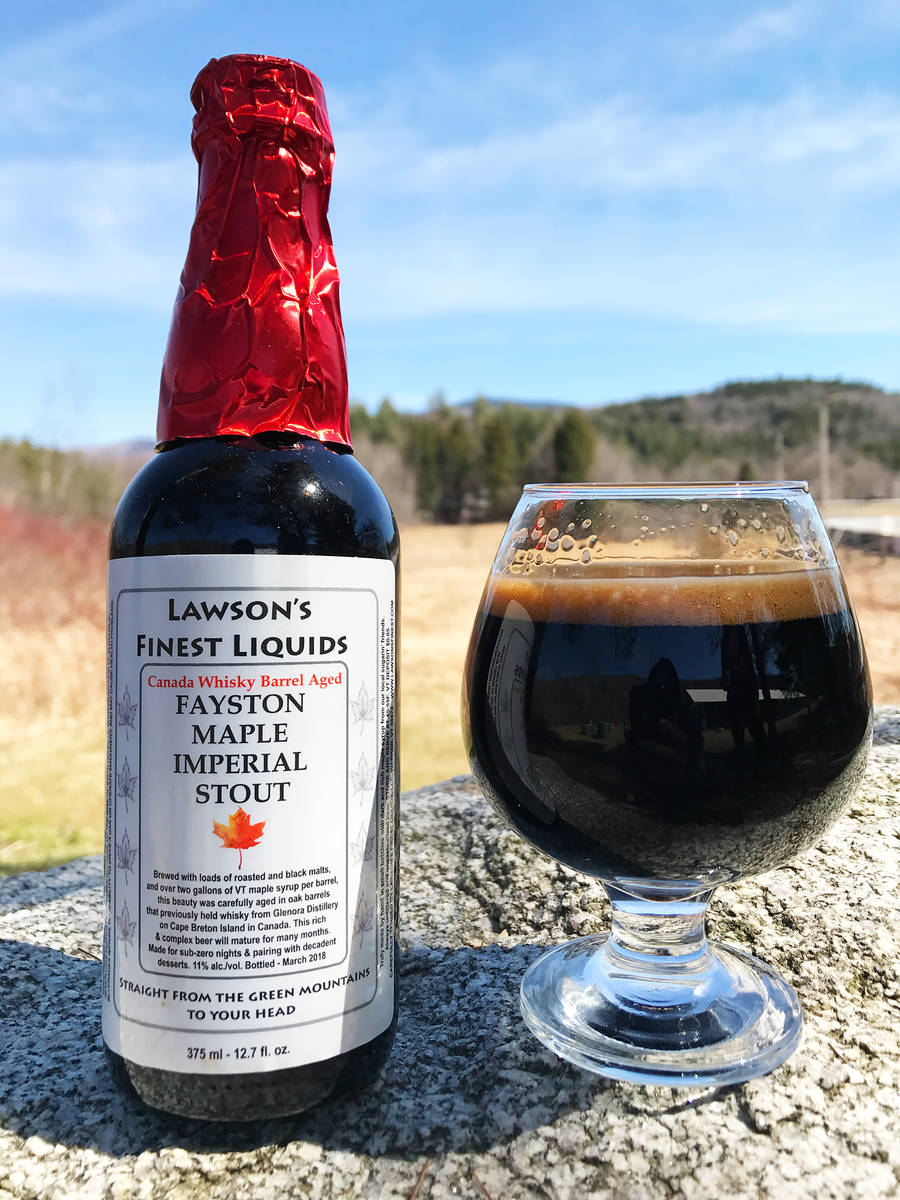 Lawson’s Finest Liquids Fayston Maple Imperial Stout bottle and glass