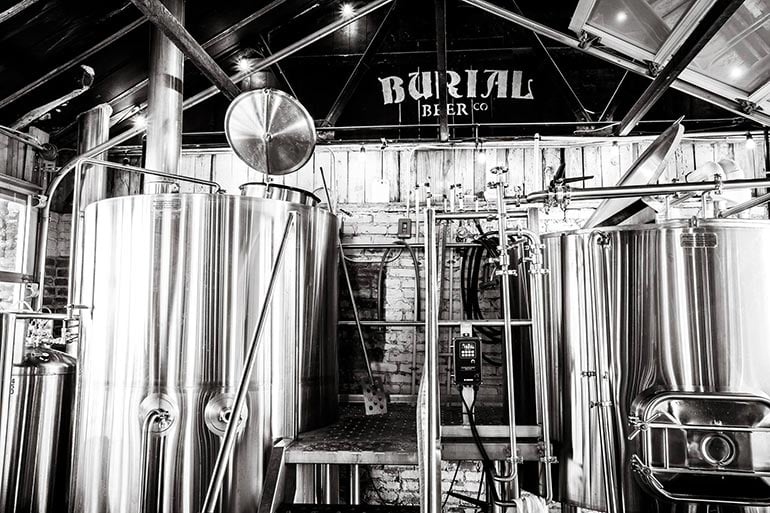 burial brewing brewhouse with fermentation tanks