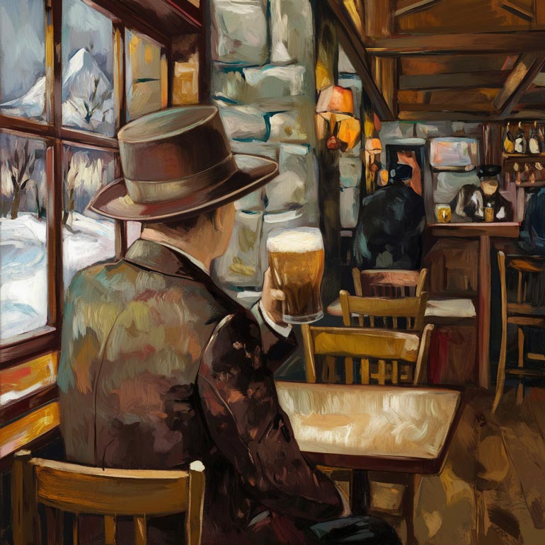 impressionistic painting of man enjoying doppelbock in pub