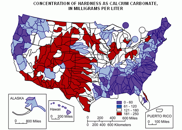 chart of water hardness via calcium carbonate