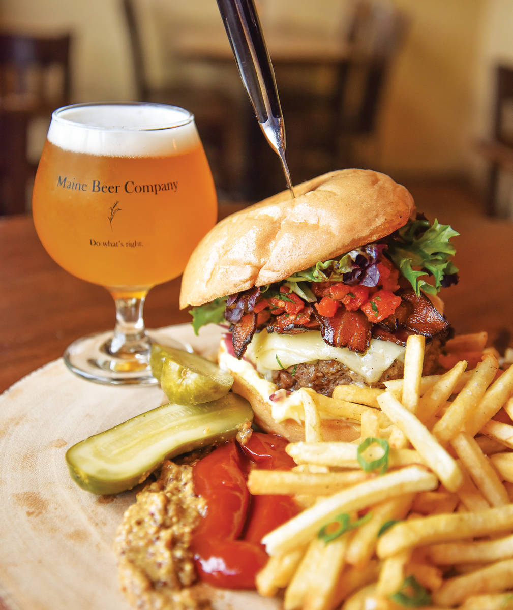 little tap house burger and fries with glass of beer