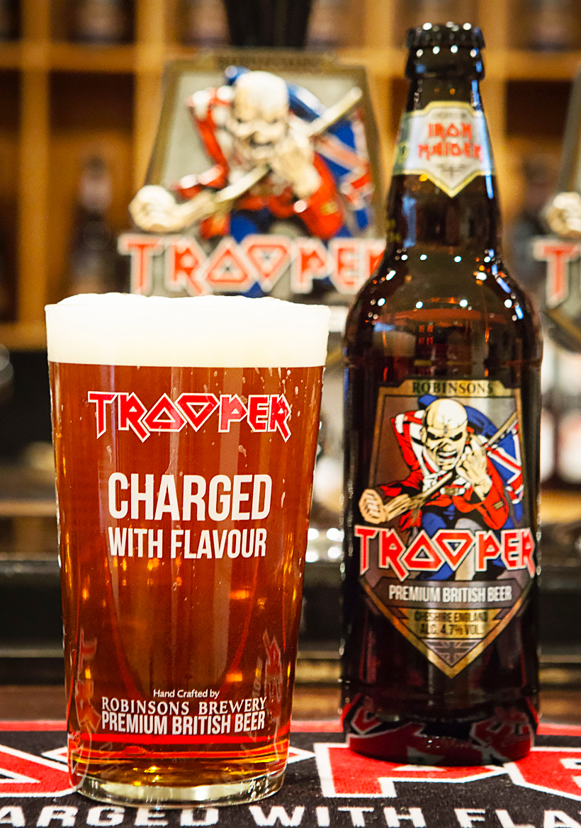 robinsons brewery trooper bottle with glassware