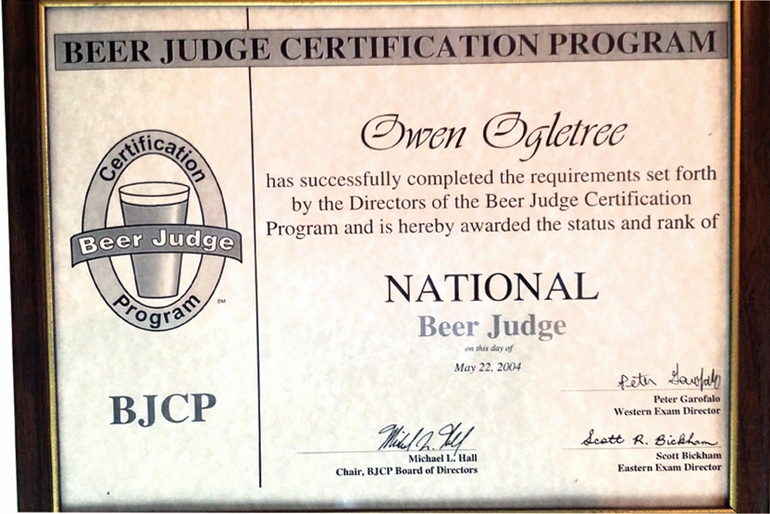 Owen Ogletree BJCP National Beer Judge Certificate