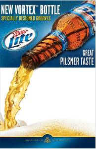 Miller Light being poured from vortex bottle.