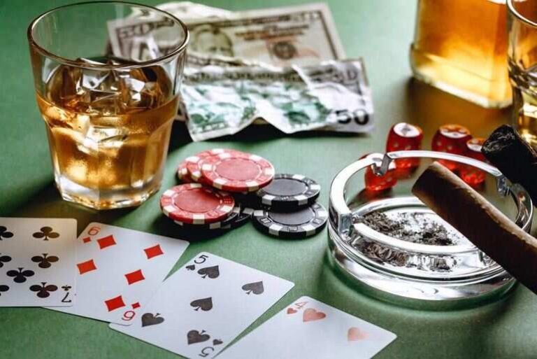 A table set with colorful poker chips