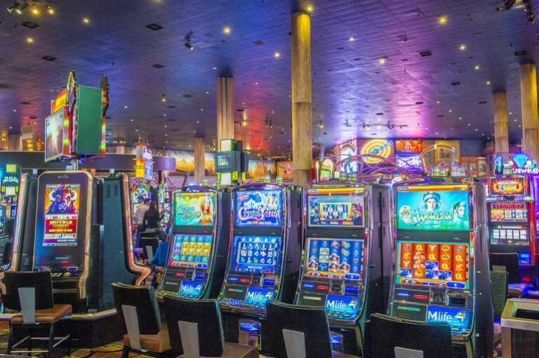 Colorful slot machines inside a casino near Baltimore