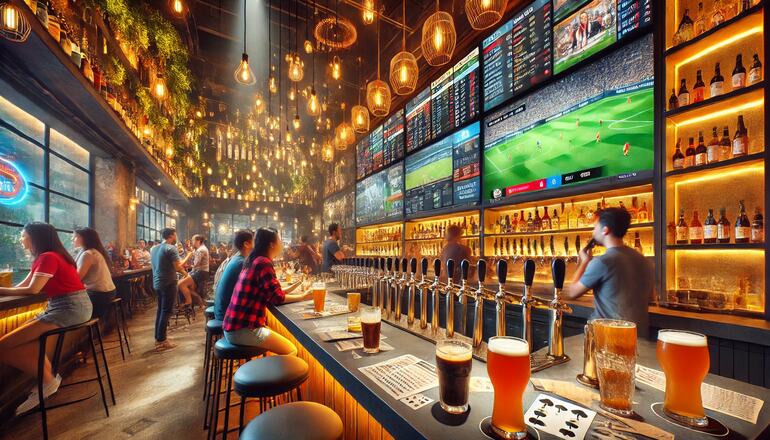 A modern bar scene showcasing the blend of craft beer and betting culture