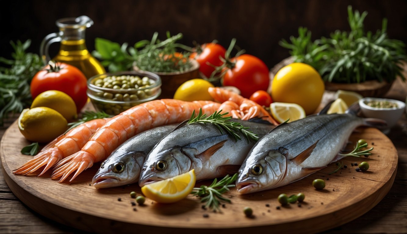 A colorful array of fresh seafood and fish arranged on a rustic wooden table, surrounded by vibrant Mediterranean ingredients like olive oil, tomatoes, and herbs