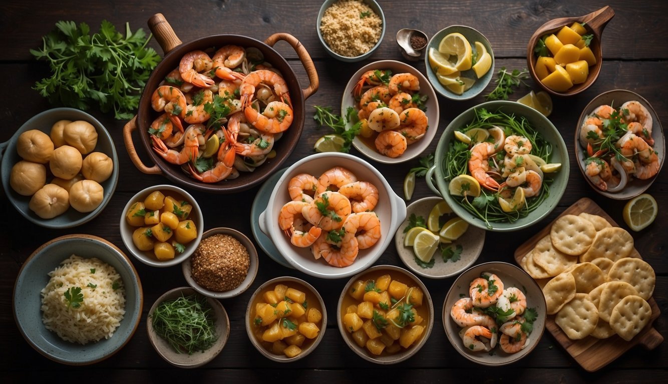 A table spread with various Mediterranean seafood dishes, surrounded by vibrant ingredients and cooking utensils